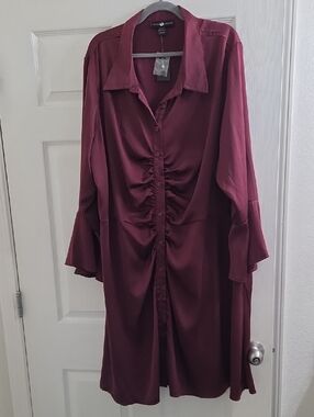 Ashley Stewart Ruched Button-Front Long Sleeve Dress in Deep Burgundy
